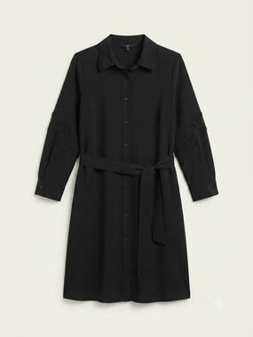 Joinus Black Button Front Shirt Dress Lace Scalloped Collar & Sleeve Size M LBD